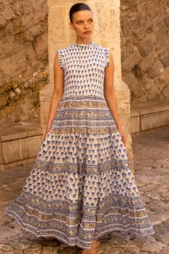 Sleeveless Smocked Maxi- Lotus Navy